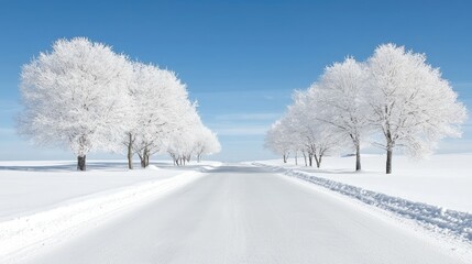 Obraz premium Snowy road lined with frost-covered trees, winter landscape, serene scene, ideal for travel brochures