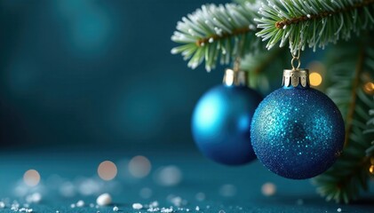 Glittering blue ornaments hang from a frosty fir wreath, present wrap, holiday decor