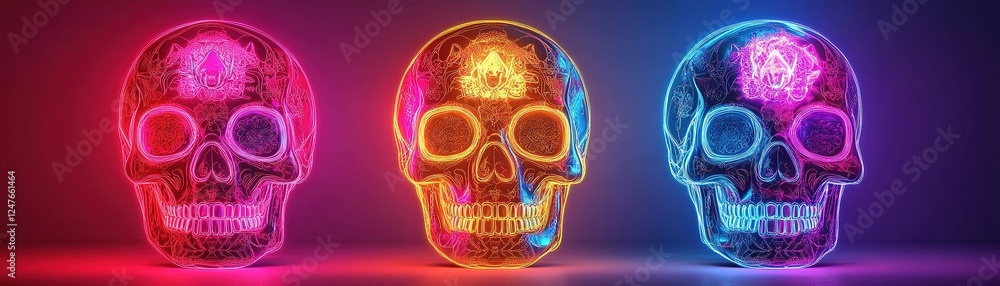 Poster illuminated skull art display gallery digital artwork neon environment close-up view creative concep