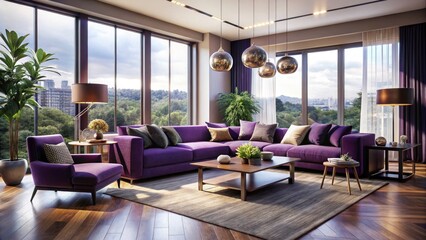 Fototapeta premium Purple accents define this modern panoramic living room's stylish interior décor.