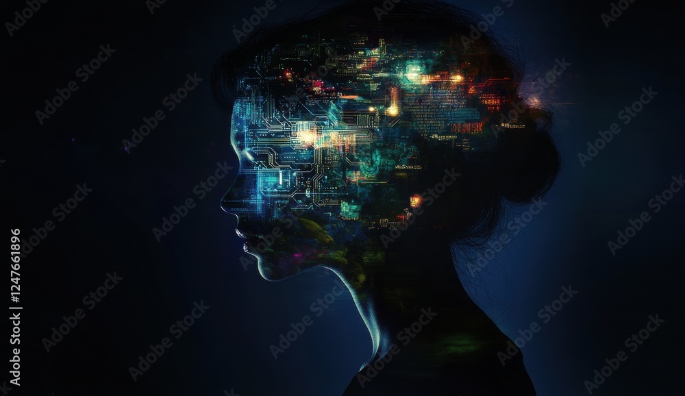 Poster a profile view of an ai character with circuitry inside its head, symbolizing artificial intelligenc