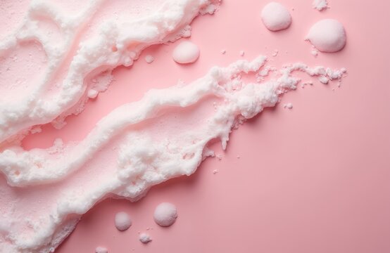 Abstract macro photo of cosmetic foam with bubbles on pink surface. Soft white foam, bubbles arranged in design. Perfect for skincare product advertisements beauty blog posts. High-quality image