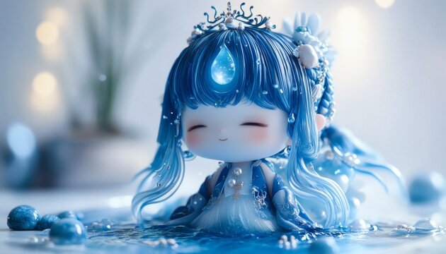 A cute blue-haired doll, adorned with a crown and seashells, sits in a pool of water, smiling serenely