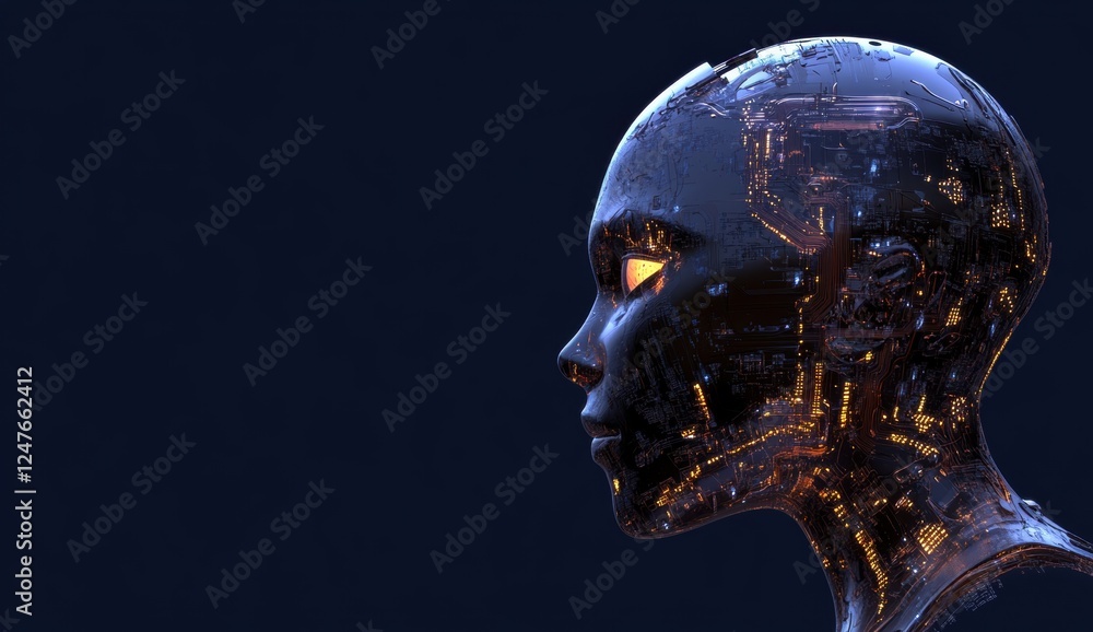 Poster a side profile of an ai humanoid head with visible circuitry, symbolizing artificial intelligence an