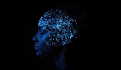 A side profile of an AI humanoid head with visible circuitry, symbolizing artificial intelligence and technology The background is dark blue to accentuate the glowing digital elements Generative AI