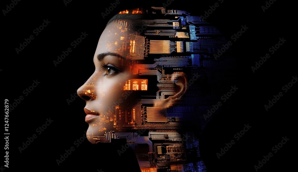 Poster elegant profile picture of an ai scientist, with digital circuitry and human head elements, symboliz