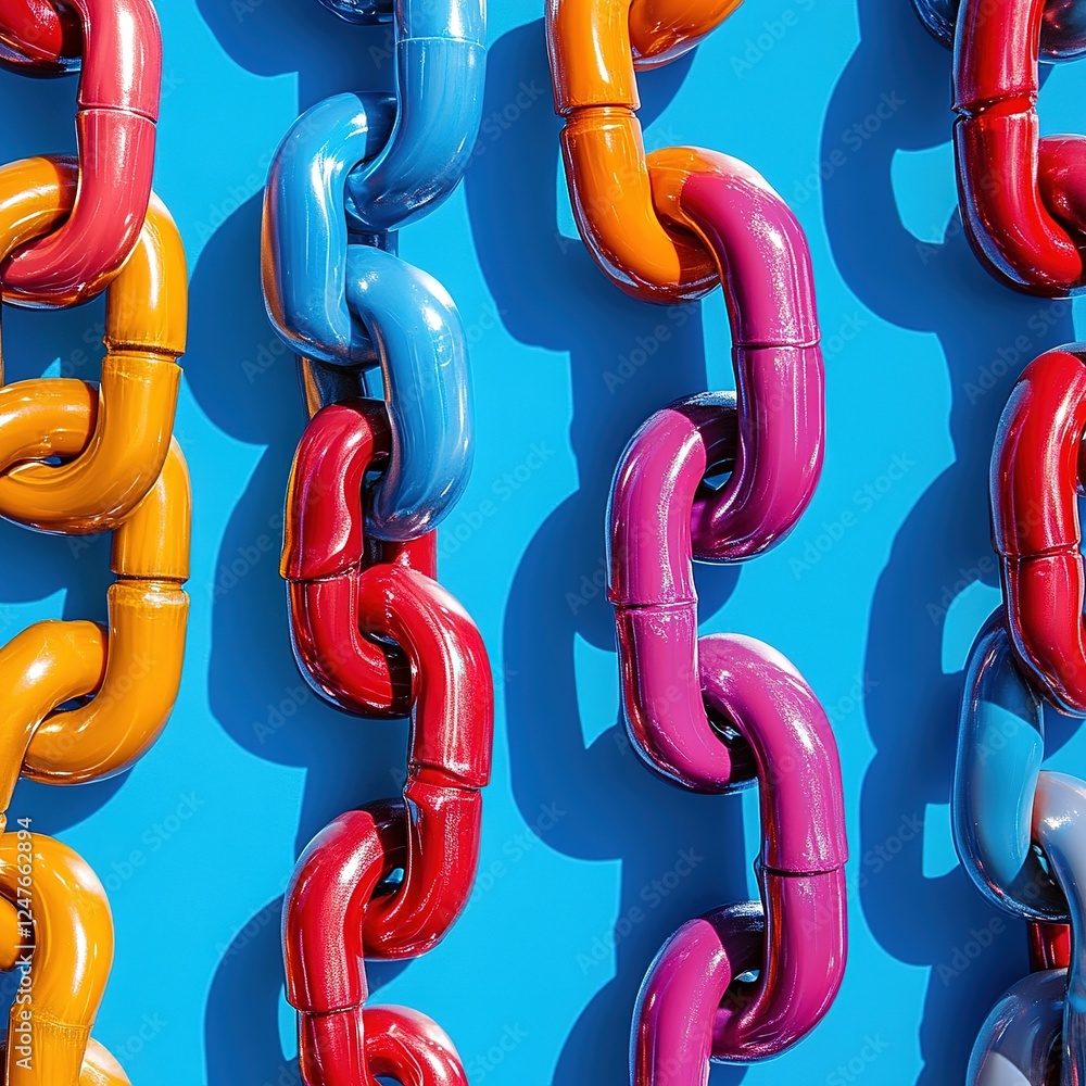 Poster colorful chain links display urban setting abstract art bright environment close-up viewpoint modern