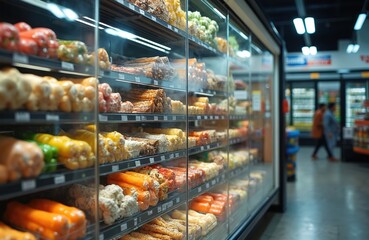 Refrigerated supermarket shelves display various chilled food, beverages. Assortment of items in transparent packaging. Different products, like carrots, fruits, sausages, processed goods clearly