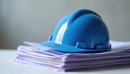 Blue safety helmet sits atop stack of documents. Construction project plans, safety regulations symbolized. Documents likely include blueprints, project schedules, essential information. Office scene