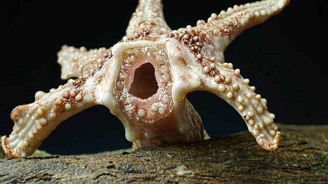 Unique close-up of a starfish on wood showcasing intricate textures and natural beauty of marine life