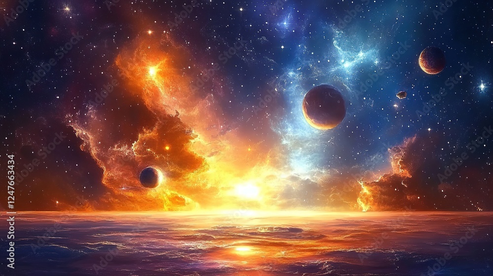 Poster cosmic explosion of color outer space digital artwork celestial environment wide view universe conce