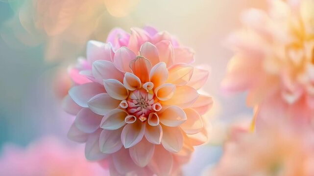 Beautiful pink dahlia flower closeup on dreamy pastel background for Mother's Day, Easter, Valentine's Day, Women's Day and spring celebration. Natural floral romantic wallpaper with copy space