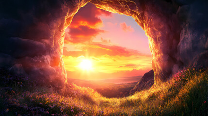 Serene easter morning: empty tomb and radiant sunrise illustrating resurrection symbolism. Symbolic Rebirth. Illustration