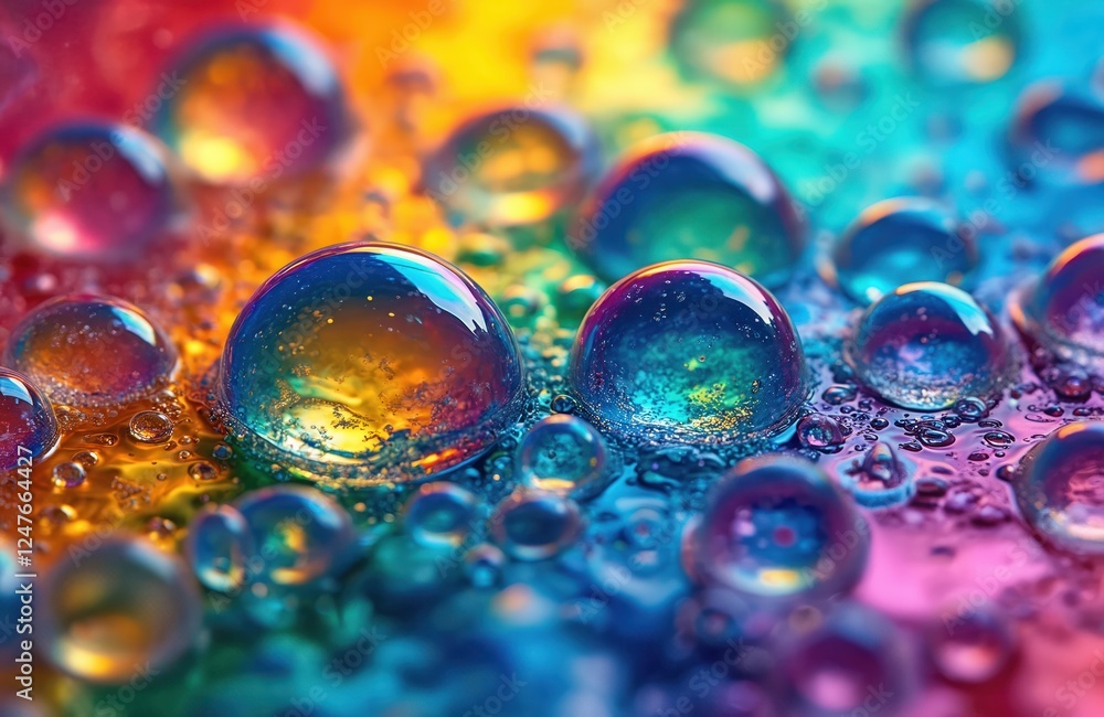 Poster close-up view of colorful liquid drops, bubbles. abstract colorful pattern of water drops with rainb