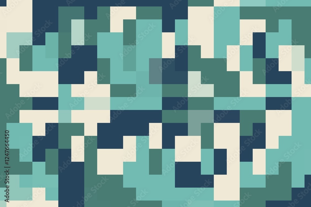 Poster high-quality navy and teal square pixel art with geometric structure. abstract digital pattern conce