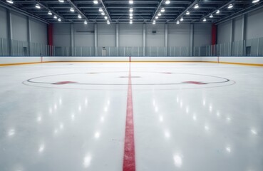 Empty indoor ice skating rink. Modern arena design. Flat lay photo of ice hockey rink arena. Contemporary building. Skating area clear. Excellent photo. Suitable for sports, architecture. Great