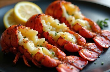 Grilled lobster tails filled with garlic butter sauce. Appetizing seafood dish. Delicious meal served on dark plate with lemon. Perfect for dinner special occasions. Food photography culinary art.
