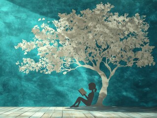 Fototapeta premium Woman Reading Under Leafy Tree Silhouette on Aqua Backdrop Serene Escapism Artistic Scene