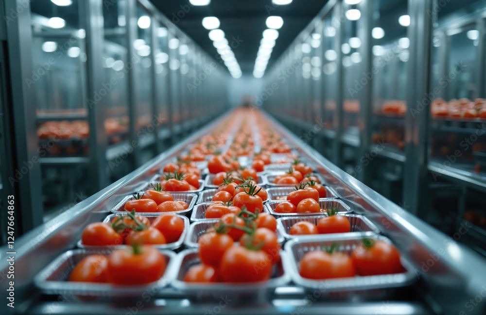 Poster automated food production line processes tomatoes in modern food factory. rows of machines package f