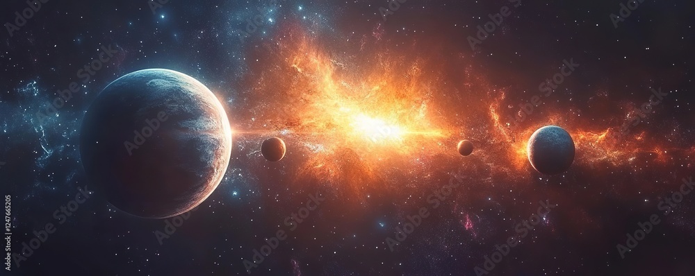 Poster cosmic explosion of stars and planets outer space digital art nebula environment wide-angle view ast