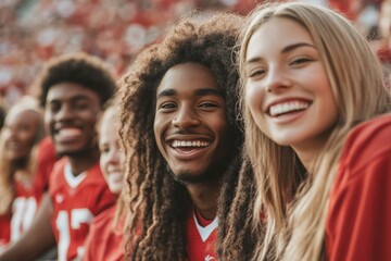 A cheerful photo of friends enjoying a college football game in the stadium stands