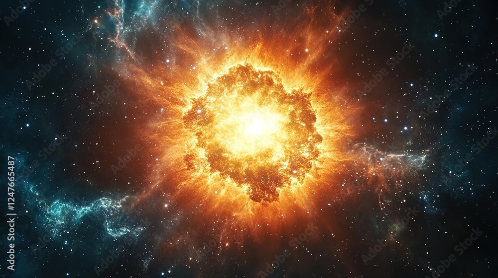 Poster cosmic explosion event outer space digital art nebula environment wide viewpoint stellar phenomenon