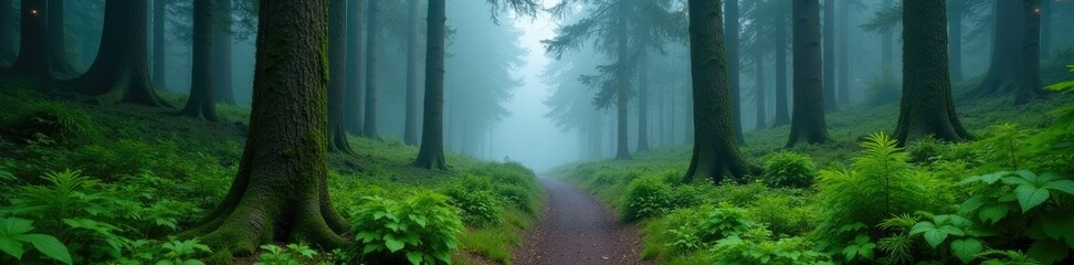 Obraz premium Narrow path through foggy woods with tall pines and ferns, pathway, nature