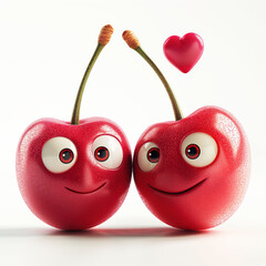 Romantic 3D cherries gazing at each other with heart-shaped eyes on a bright white background in playful animation style