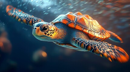 Majestic Sea Turtle Underwater: Vibrant Colors and Graceful Movement in the Ocean Depths