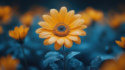 Obraz premium A vibrant yellow flower amidst a blue-toned background, showcasing nature's beauty.