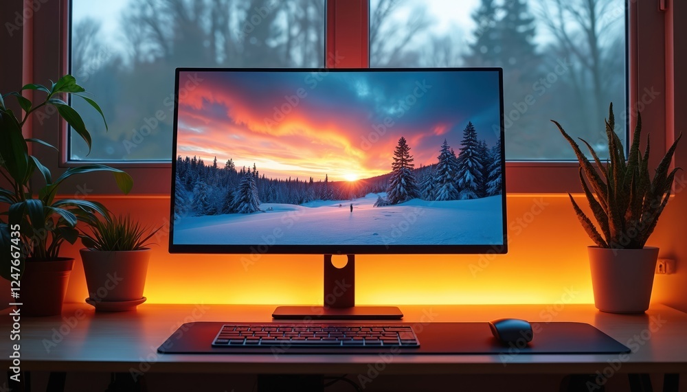 Aufkleber modern workspace setup with computer screen displaying winter sunset. plants in pots add touch of na
