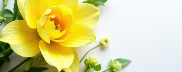 Naklejka premium Opened yellow flower petals surrounding a few stems of green leaves on white paper, flower, bloom, green