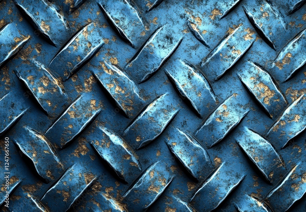 Poster closeup view of a textured surface, featuring a herringbone pattern in a dark blue tone with golden 