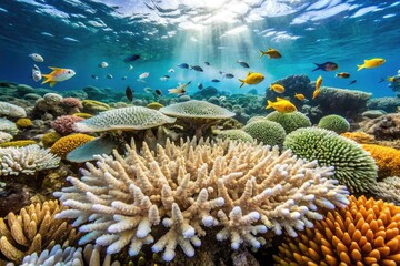 Rising sea levels and coral bleaching threaten marine ecosystems, reflecting global warming's devastating underwater impact.