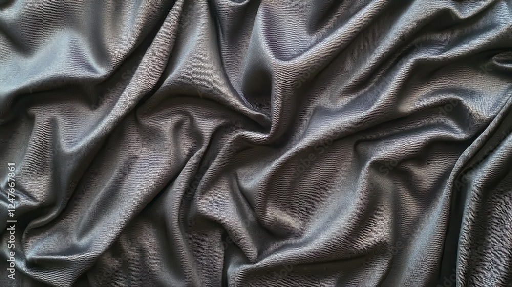 Poster close up view of wrinkled fabric with a complex pattern, featuring dark and light grey tones with a 