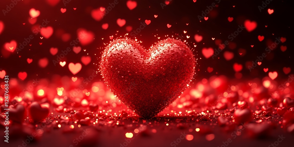 Poster sparkling red heart surrounded by glittering hearts on a dark background creating a romantic atmosph