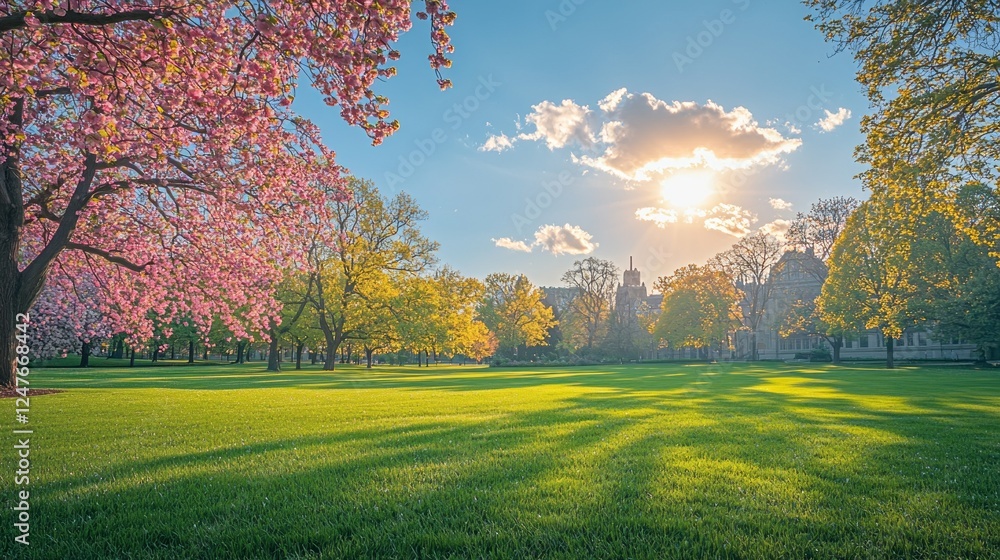 Poster springtime brings a breathtaking view filled with lush green lawns and vibrant trees, basking in the