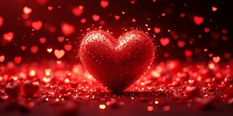 Sparkling Red Heart Surrounded By Glittering Hearts On A Dark Background Creating A Romantic Atmosphere. A Heart Is Centered With Many Sparkling Hearts Around It. It Is On Dark Background. It Is A