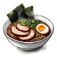 A bowl of steaming hot ramen with sliced pork, soft-boiled egg, scallions, and seaweed, isolated on a white background