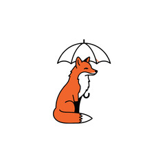 Illustration of a Fox Sitting Under an Open Umbrella in Minimalist Style