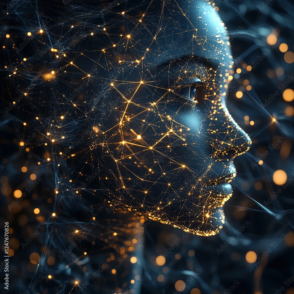 Poster exploring digital identity and connectivity through artificial intelligence portraits virtual realm 