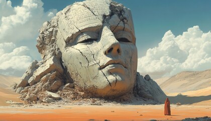 A colossal, weathered stone face, possibly a ruin, dominates a desolate desert landscape