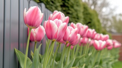 Fototapeta premium Pink tulips bloom near fence, spring garden