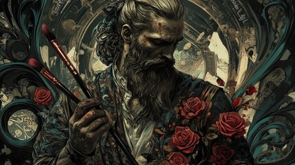 Obraz premium Bearded artist holding paintbrushes amidst roses and ornate details.