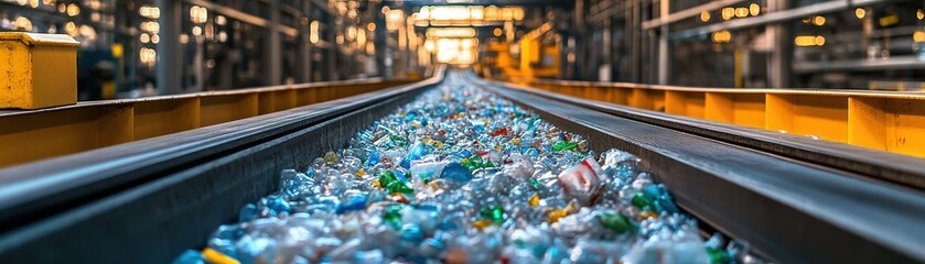 Plastic waste sorting process recycling facility industrial photography waste management aerial perspective environmental awareness