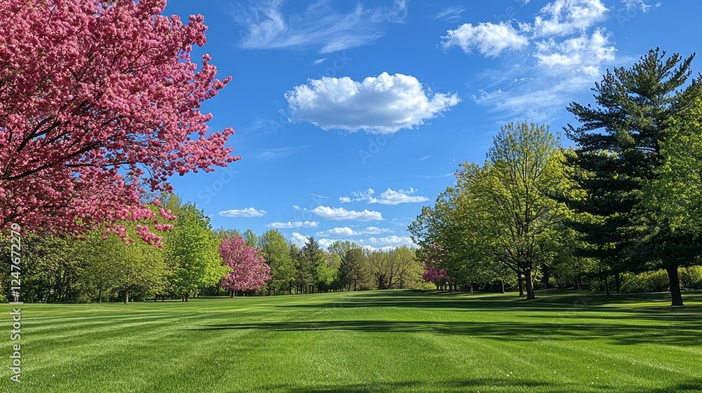 Poster blossoming trees frame a pristine, neatly trimmed lawn that stretches into the horizon, celebrating 