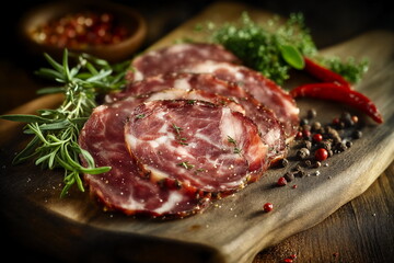 Sliced salami with fresh herbs and spices