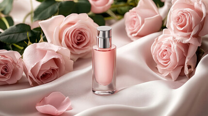 Mock up of an elegant bottle of skin care product  , surrounded by pink roses and soft silk fabric, white background, copy space, cosmetic banner

