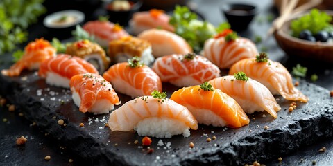 Sushi Platter Featuring Assorted Nigiri and Rolls on Dark Stone with Garnishes and Dips  featuring fresh fish and colorful vegetables. Variety of culinary delights.  Delicious platter of Japanese