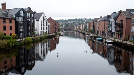 Naklejka premium Calm river reflecting modern buildings, boats, quiet town background; travel tourism